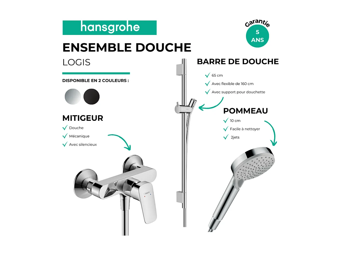 Pack mitigeur douche mécanique HANSGROHE Logis + Barre Unica S Puro + flexible + Pommeau Vernis Blend Vario noir mat