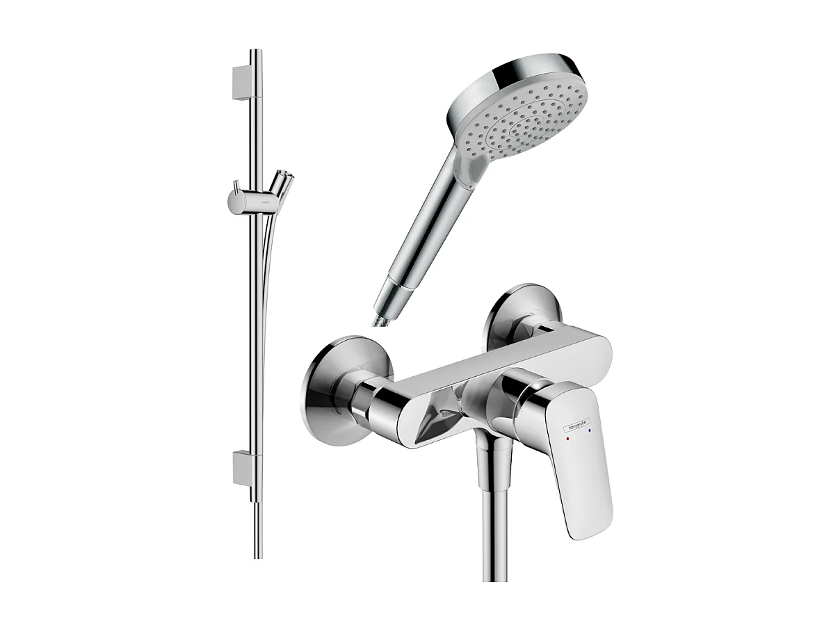 Pack mitigeur douche mécanique HANSGROHE Logis + Barre Unica S Puro + flexible + Pommeau Vernis Blend Vario chromé