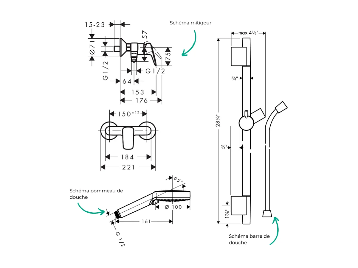 Pack mitigeur douche mécanique HANSGROHE Logis + Barre Unica S Puro + flexible + Pommeau Vernis Blend Vario chromé