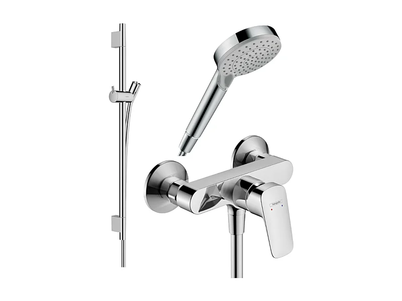 Pack mitigeur douche mécanique HANSGROHE Logis + Barre Unica S Puro + flexible + Pommeau Vernis Blend Vario chromé