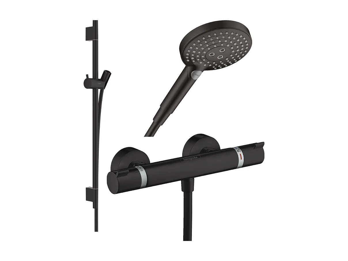 Pack mitigeur douche thermostatique HANSGROHE Ecostat Comfort + Barre Unica + flexible + Pommeau Raindance 3 jets noir mat