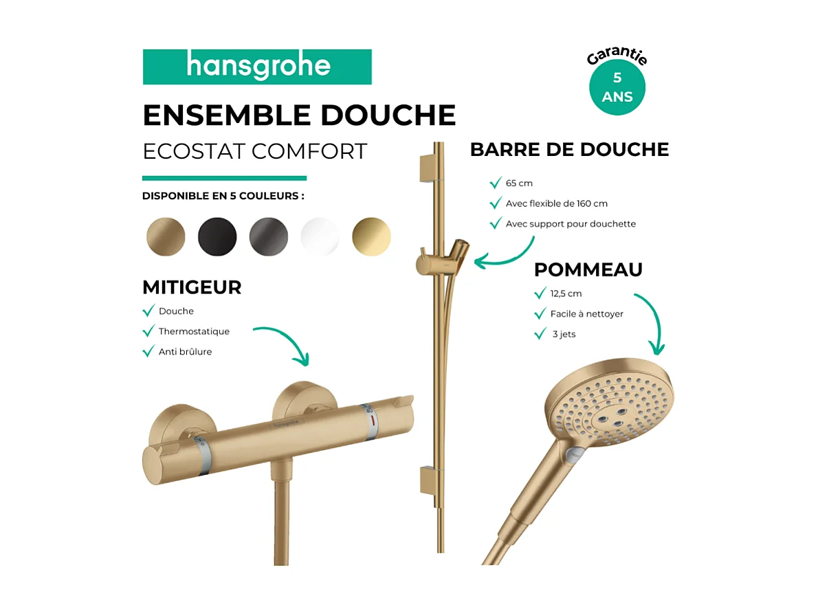 Pack mitigeur douche thermostatique HANSGROHE Ecostat Comfort + Barre Unica + flexible + Pommeau Raindance 3 jets noir mat