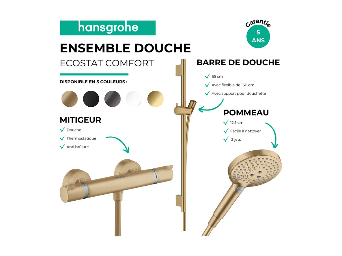Pack mitigeur douche thermostatique HANSGROHE Ecostat Comfort + Barre Unica + flexible + Pommeau Raindance 3 jets noir mat