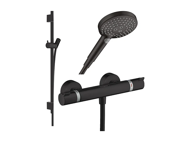 Pack mitigeur douche thermostatique HANSGROHE Ecostat Comfort + Barre Unica + flexible + Pommeau Raindance 3 jets noir mat