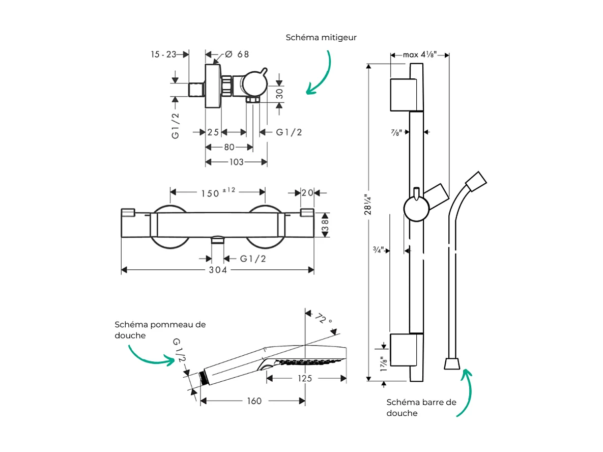 Pack mitigeur douche thermostatique HANSGROHE Ecostat Comfort + Barre Unica+flexible+ Pommeau Raindance 3jets noir chromé brossé