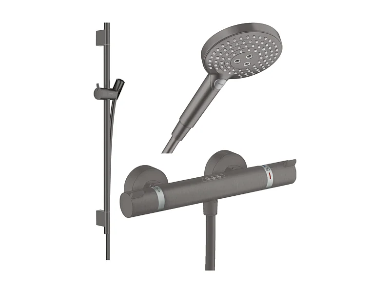 Pack mitigeur douche thermostatique HANSGROHE Ecostat Comfort + Barre Unica+flexible+ Pommeau Raindance 3jets noir chromé brossé