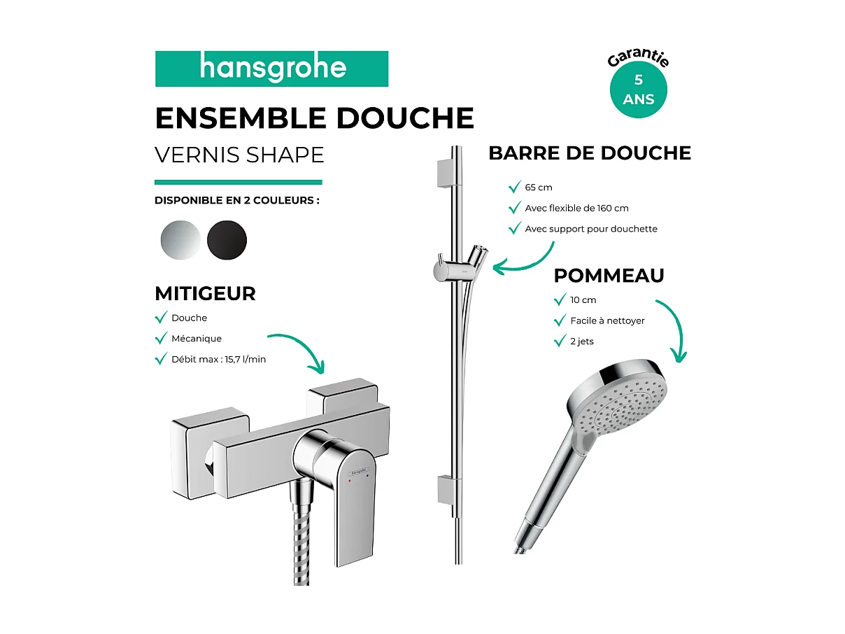 Pack mitigeur douche mécanique HANSGROHE Vernis Shape + Barre Unica S Puro + flexible + Pommeau Vernis Blend Vario chromé