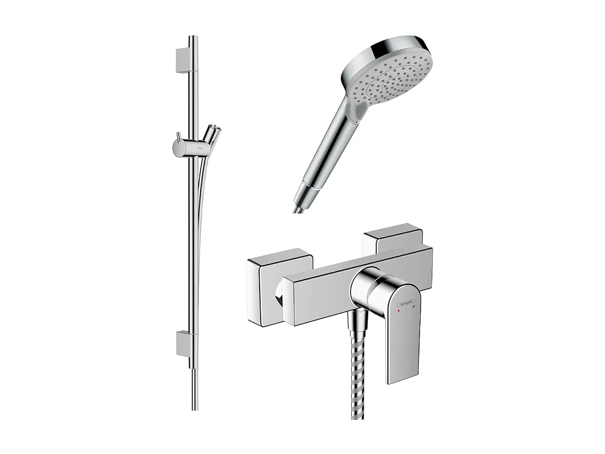 Pack mitigeur douche mécanique HANSGROHE Vernis Shape + Barre Unica S Puro + flexible + Pommeau Vernis Blend Vario chromé