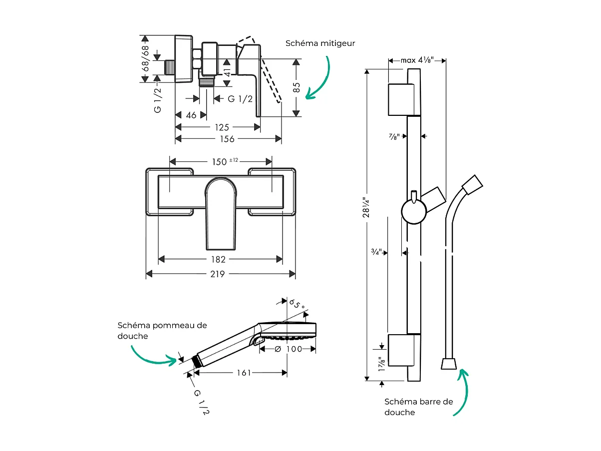Pack mitigeur douche mécanique HANSGROHE Vernis Shape + Barre Unica S Puro + flexible + Pommeau Vernis Blend Vario chromé