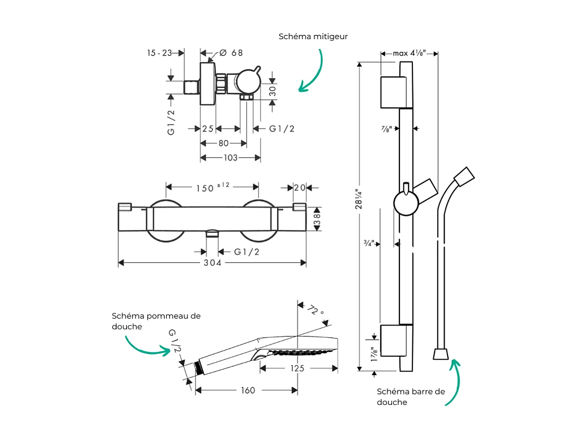 Pack mitigeur douche thermostatique HANSGROHE Ecostat Comfort + Barre Unica + flexible + Pommeau Raindance 3 jets aspect doré poli
