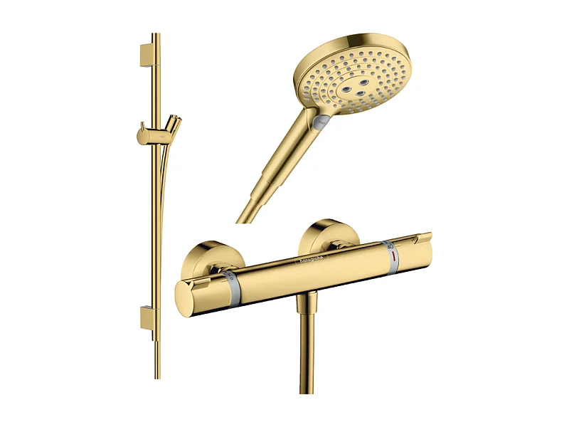 Pack mitigeur douche thermostatique HANSGROHE Ecostat Comfort + Barre Unica + flexible + Pommeau Raindance 3 jets aspect doré poli