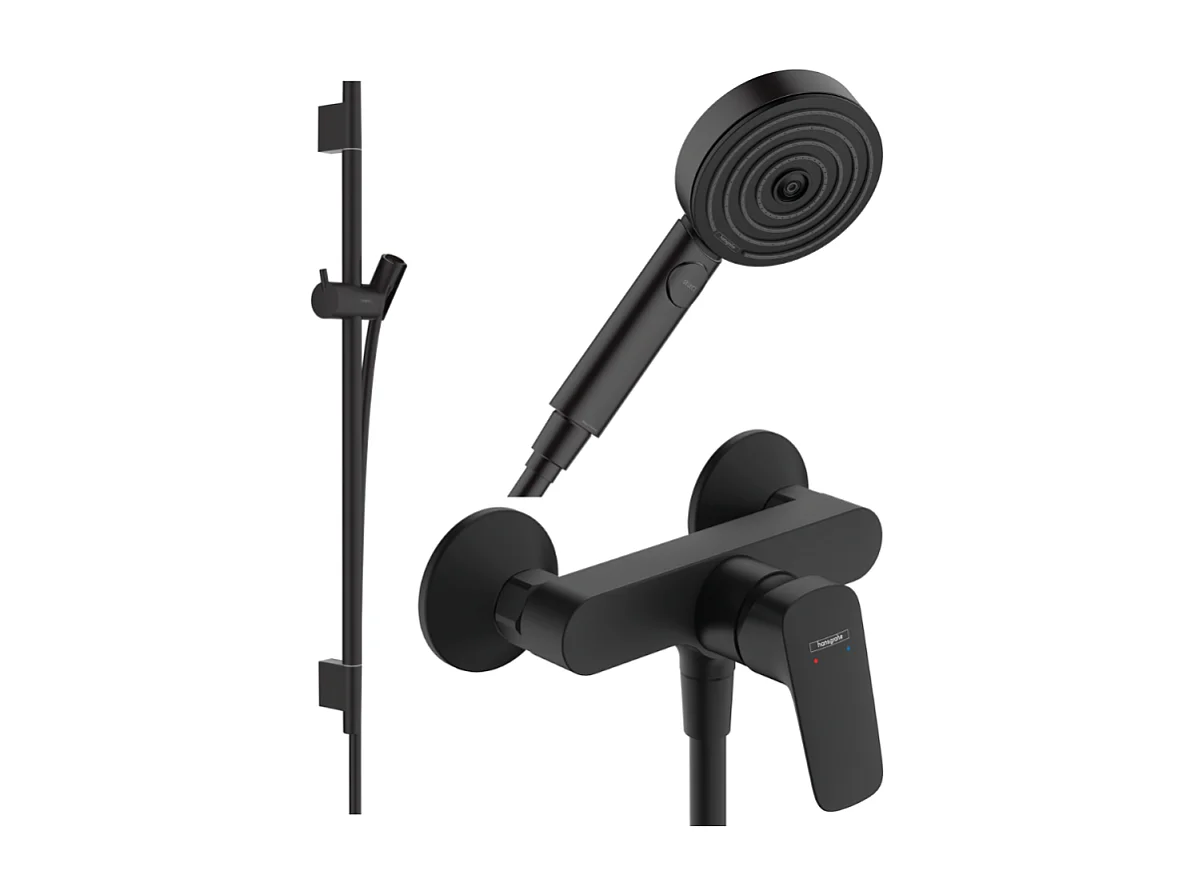Pack mitigeur douche mécanique HANSGROHE Logis + Barre Unica S Puro + flexible + Pommeau Pulsify Select 3 jets noir mat