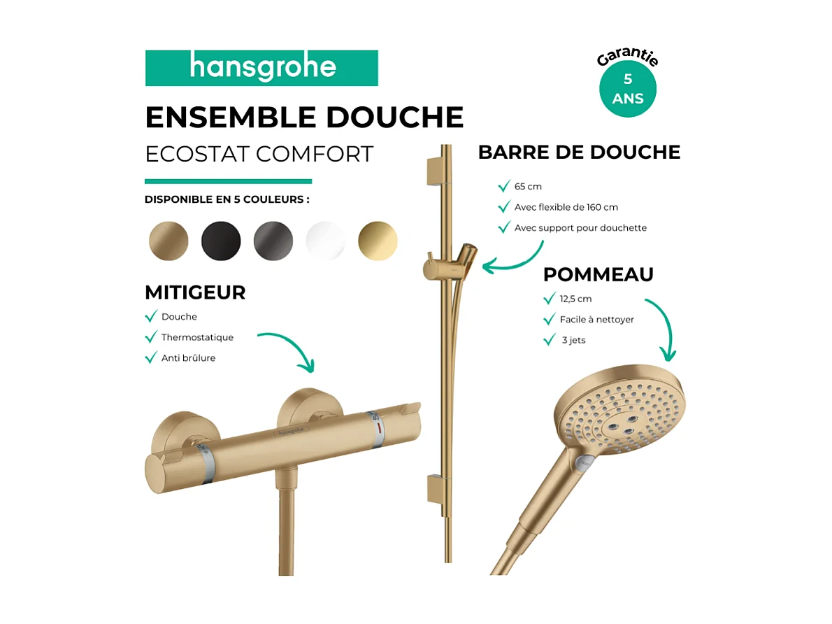 Pack mitigeur douche thermostatique HANSGROHE Ecostat Comfort + Barre Unica + flexible + Pommeau Raindance 3 jets blanc mat