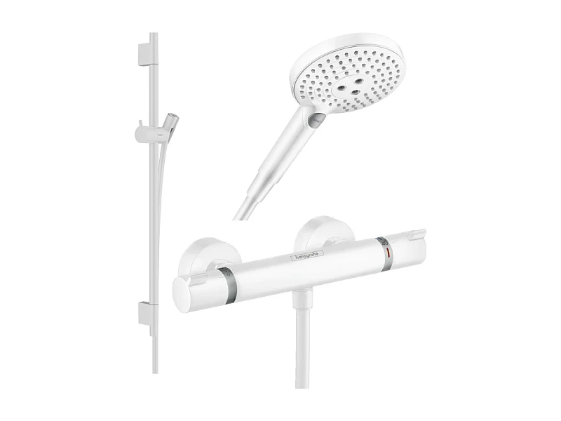 Pack mitigeur douche thermostatique HANSGROHE Ecostat Comfort + Barre Unica + flexible + Pommeau Raindance 3 jets blanc mat
