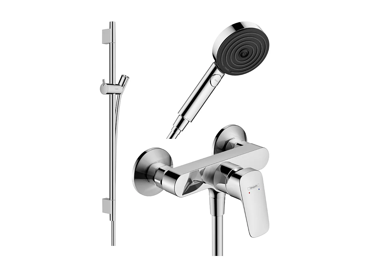 Pack mitigeur douche mécanique HANSGROHE Logis + Barre Unica S Puro + flexible + Pommeau Pulsify Select 3 jets chromé