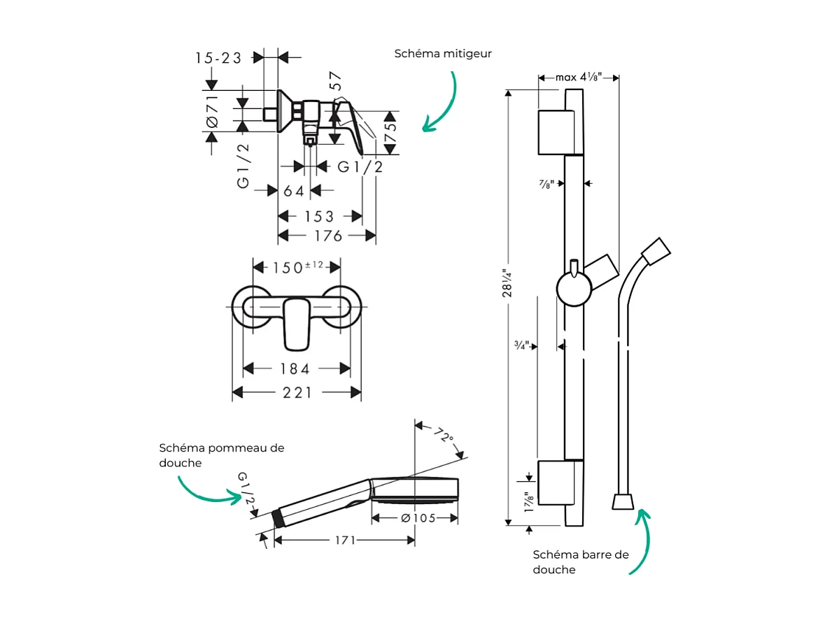 Pack mitigeur douche mécanique HANSGROHE Logis + Barre Unica S Puro + flexible + Pommeau Pulsify Select 3 jets chromé