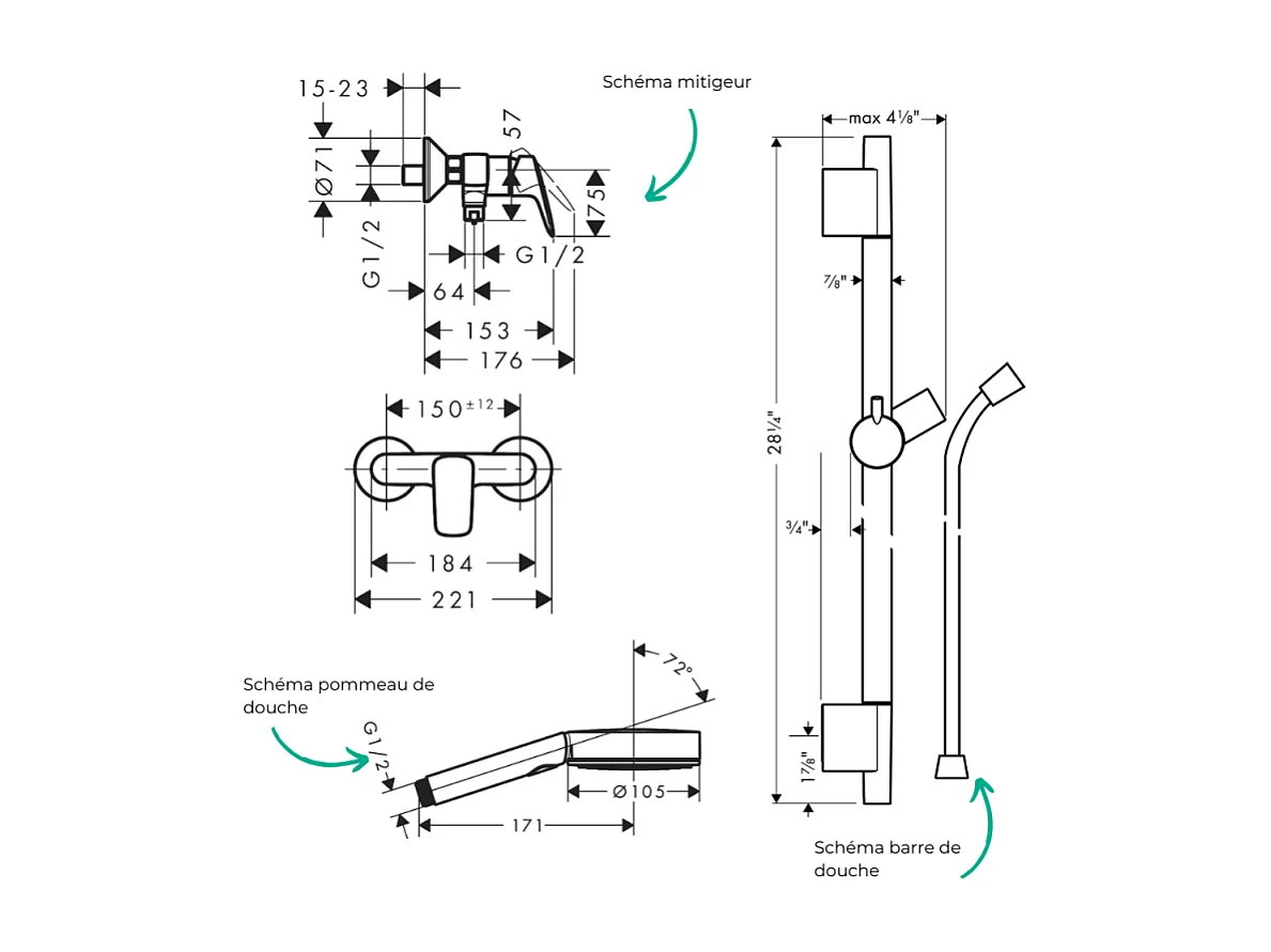 Pack mitigeur douche mécanique HANSGROHE Logis + Barre Unica S Puro + flexible + Pommeau Pulsify Select 3 jets chromé