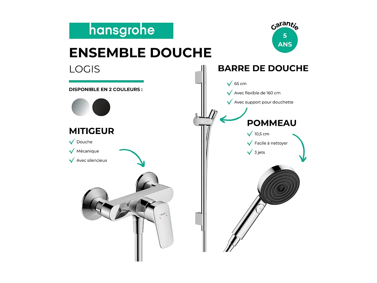 Pack mitigeur douche mécanique HANSGROHE Logis + Barre Unica S Puro + flexible + Pommeau Pulsify Select 3 jets chromé