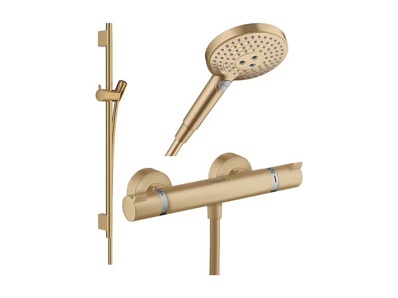 Pack mitigeur douche thermostatique HANSGROHE Ecostat Comfort + Barre Unica + flexible + Pommeau Raindance 3 jets bronze brossé