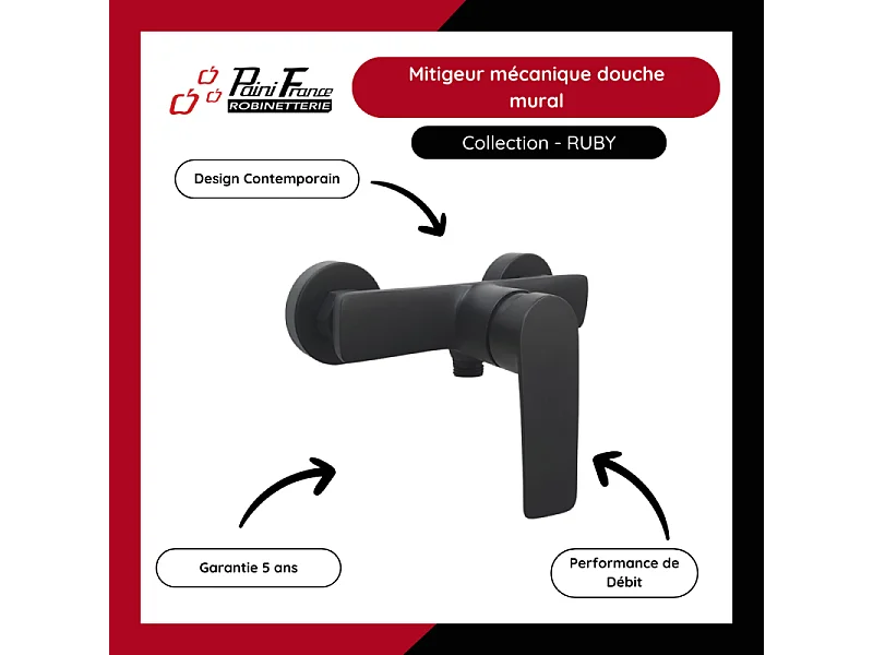 Mitigeur mécanique douche mural PAINI Ruby + Pack pommeau de douche rond 3 jets Paini Ruby Noir Mat