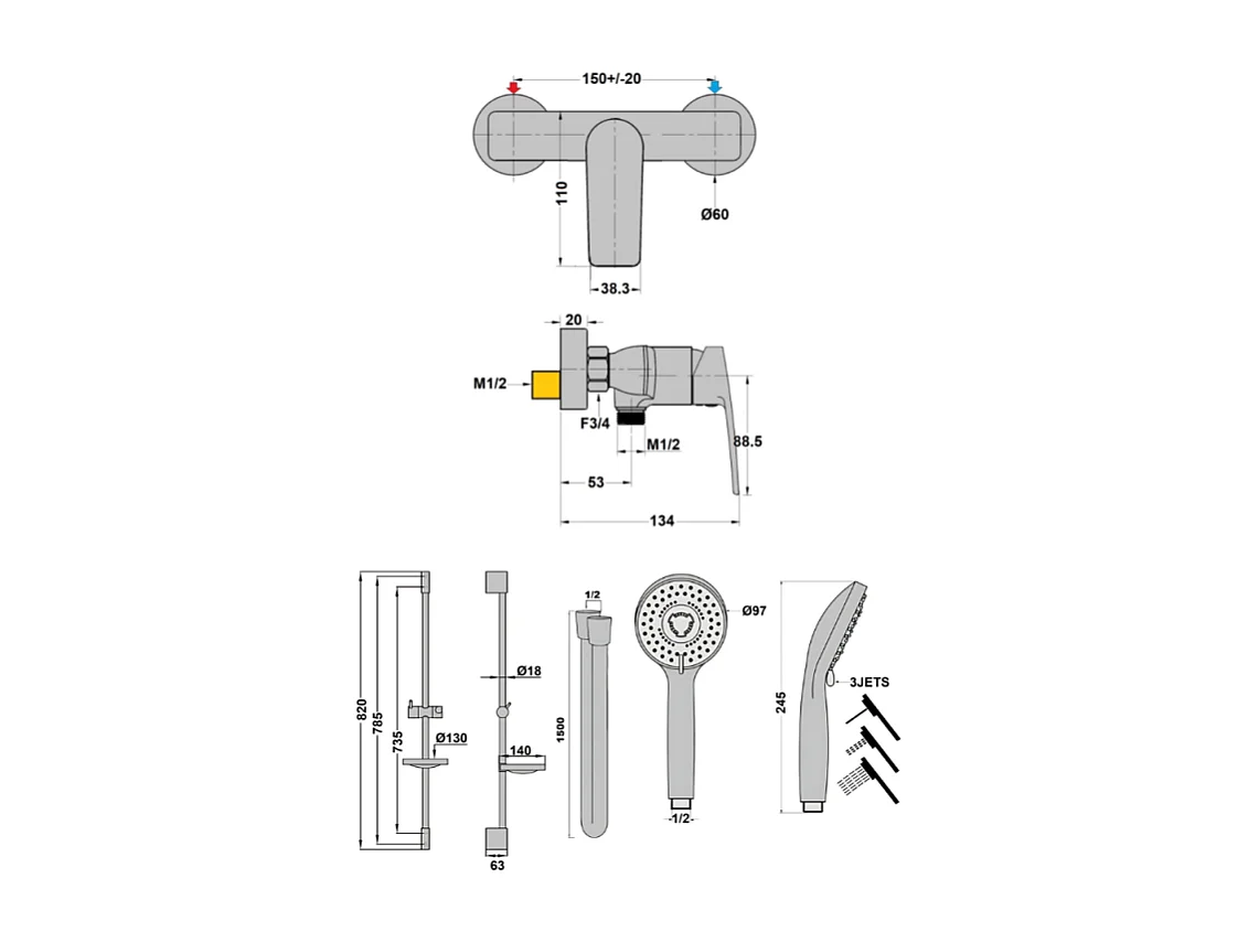 Mitigeur mécanique douche mural PAINI Ruby + Pack pommeau de douche rond 3 jets Paini Ruby Noir Mat