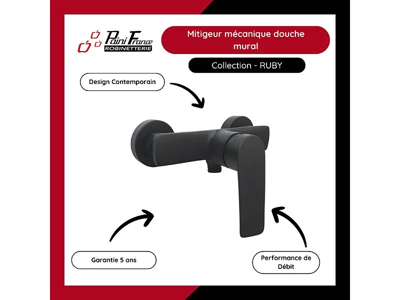 Mitigeur mécanique douche mural PAINI Ruby + Pack pommeau de douche rond 3 jets Paini Ruby Noir Mat
