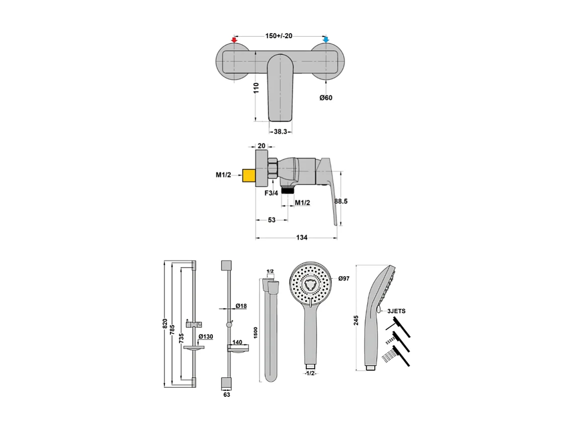 Mitigeur mécanique douche mural PAINI Ruby + Pack pommeau de douche rond 3 jets Paini Ruby Noir Mat