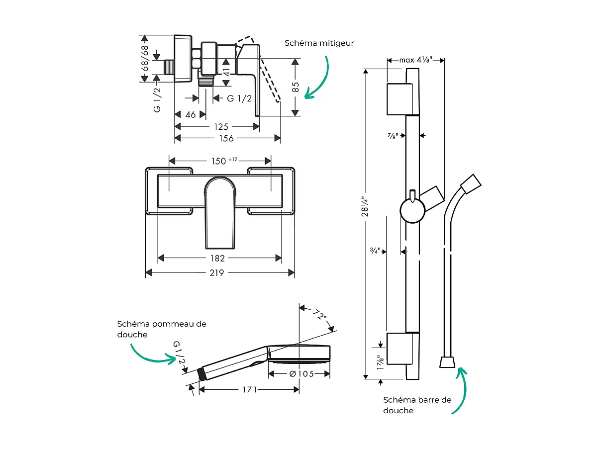 Pack mitigeur douche mécanique HANSGROHE Vernis Shape + Barre Unica S Puro + flexible + Pommeau Pulsify Select 3 jets noir mat