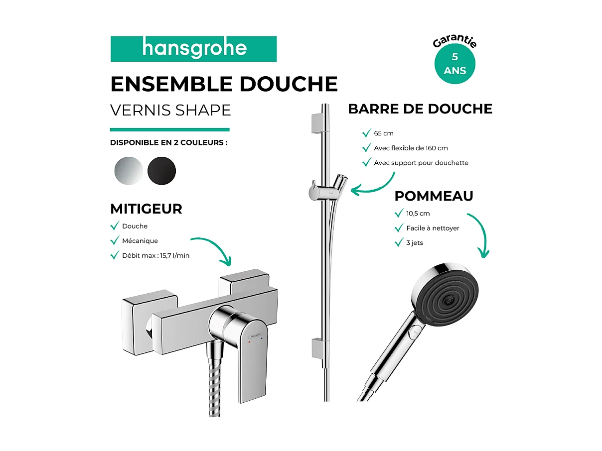 Pack mitigeur douche mécanique HANSGROHE Vernis Shape + Barre Unica S Puro + flexible + Pommeau Pulsify Select 3 jets noir mat