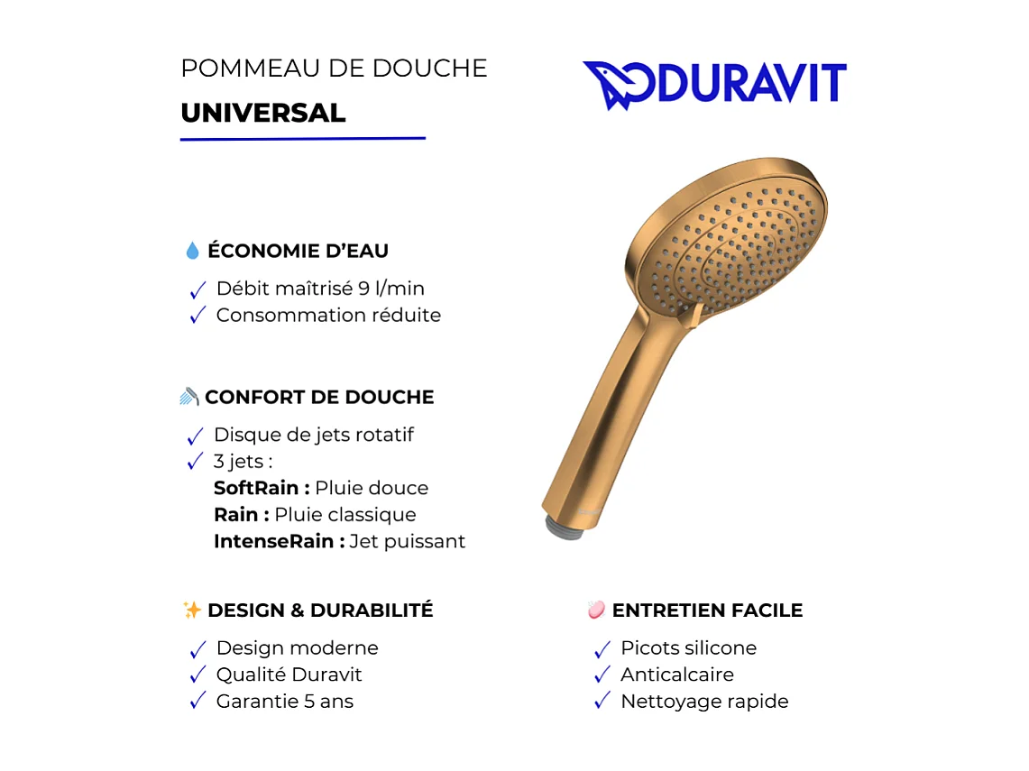 Pommeau de douche 3 jets DURAVIT Universal avec curseur Bronze brossé