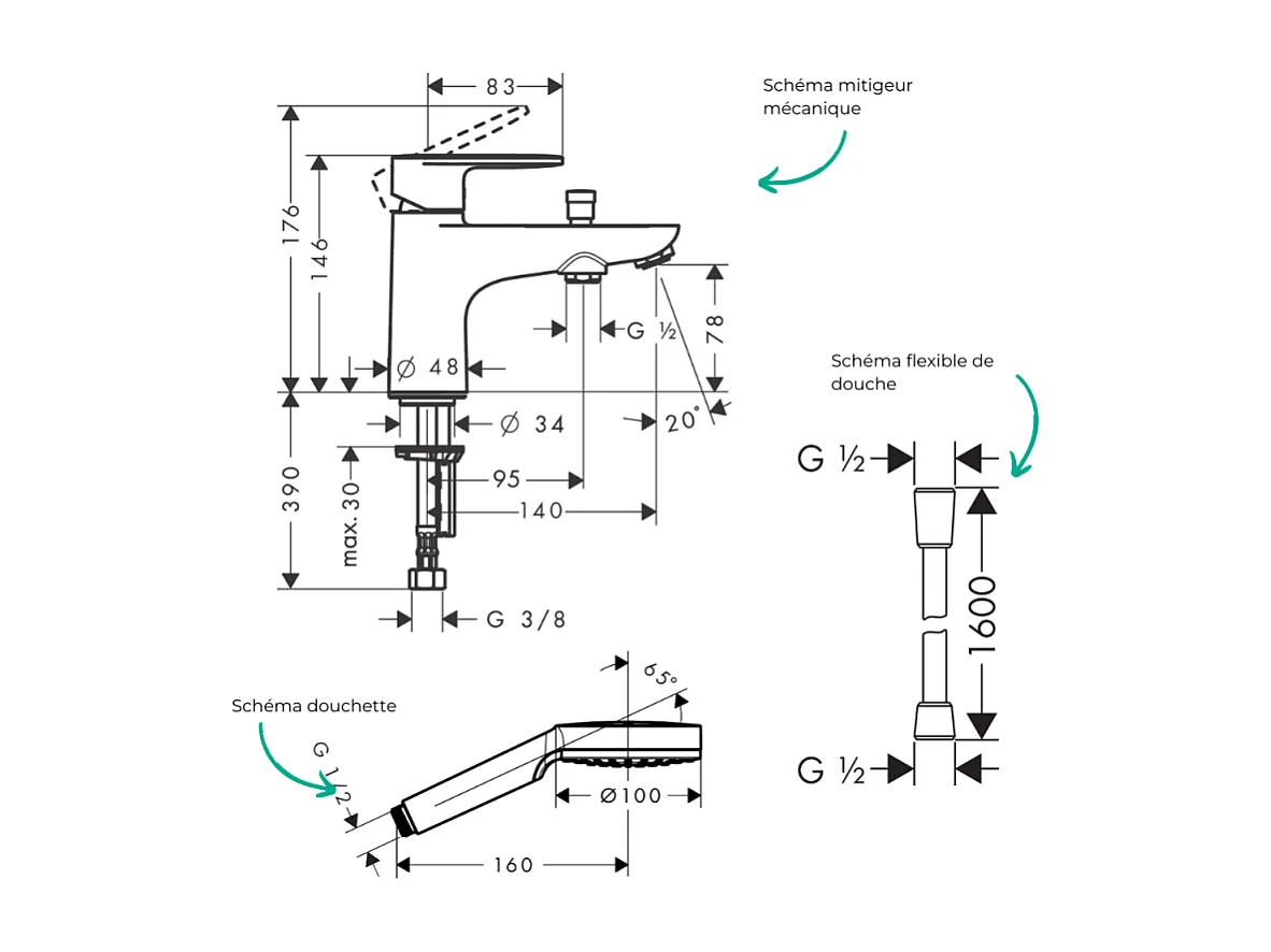 Pack mitigeur bain douche monotrou HANSGROHE Vernis Blend + Flexible Isiflex + Pommeau HANSGROHE Vernis Blend 100 Vario chromé
