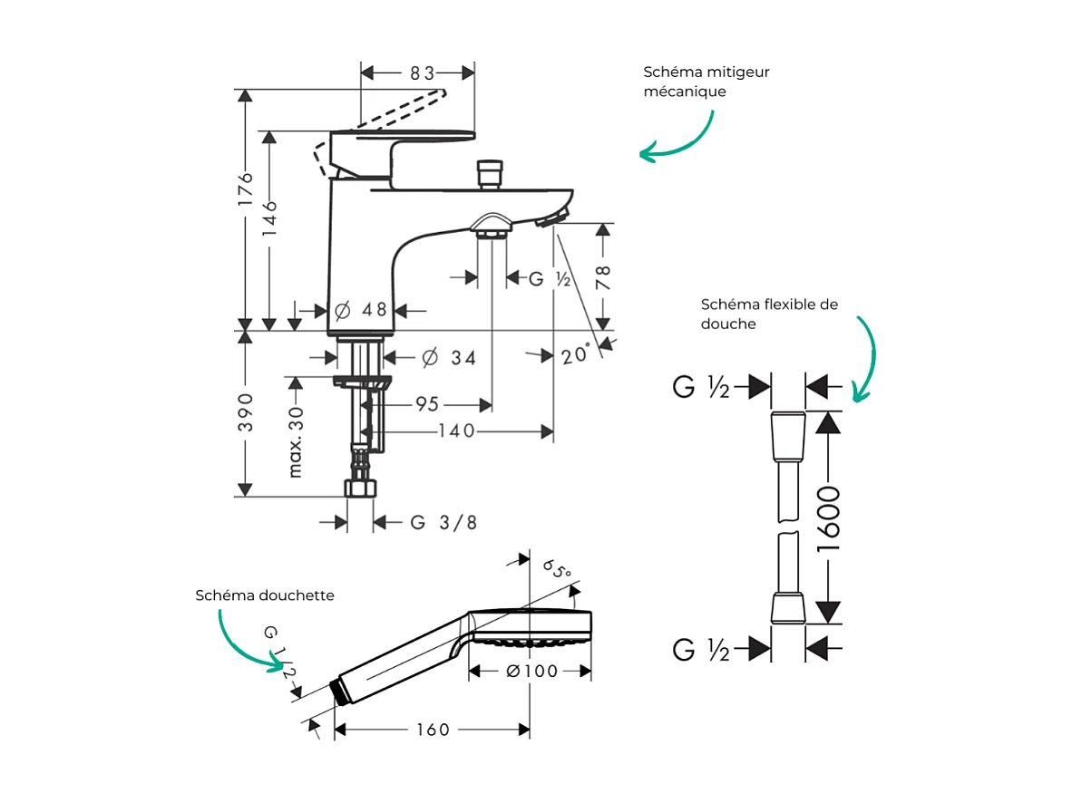 Pack mitigeur bain douche monotrou HANSGROHE Vernis Blend + Flexible Isiflex + Pommeau HANSGROHE Vernis Blend 100 Vario chromé