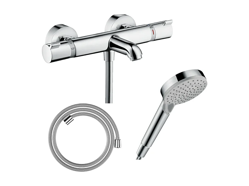 Pack mitigeur bain thermostatique HANSGROHE EcostatComfort + Flexible Designflex 1,6m + Pommeau Vernis Blend EcoSmart 2jets chromé