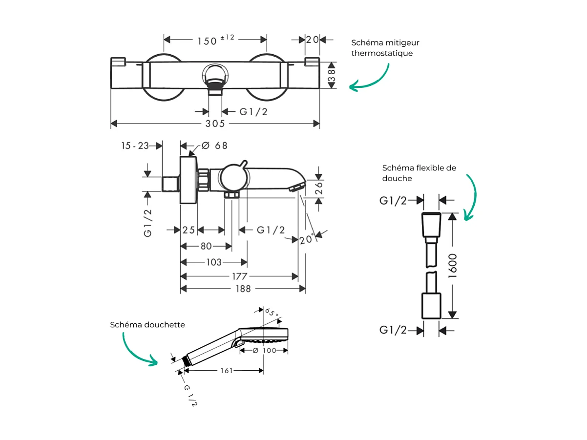 Pack mitigeur bain thermostatique HANSGROHE EcostatComfort + Flexible Designflex 1,6m + Pommeau Vernis Blend EcoSmart 2jets chromé