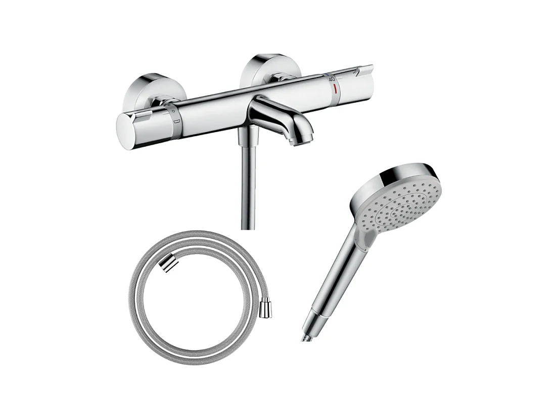 Pack mitigeur bain thermostatique HANSGROHE EcostatComfort + Flexible Designflex 1,6m + Pommeau Vernis Blend EcoSmart 2jets chromé