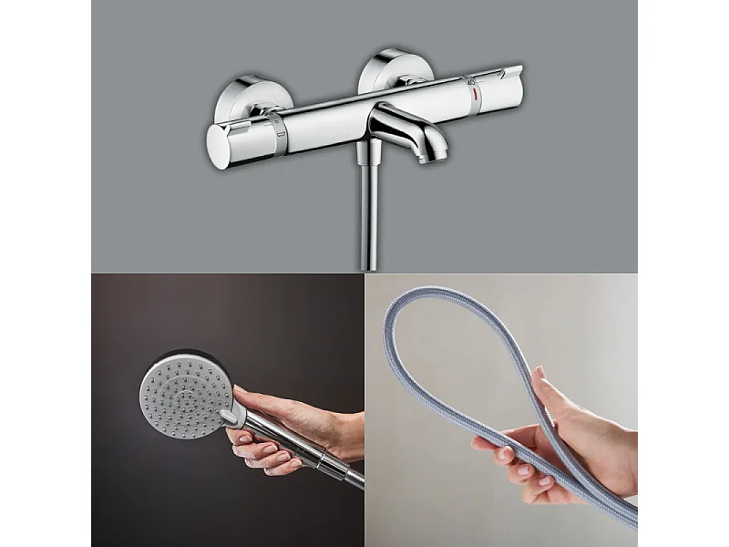 Pack mitigeur bain thermostatique HANSGROHE EcostatComfort + Flexible Designflex 1,6m + Pommeau Vernis Blend EcoSmart 2jets chromé