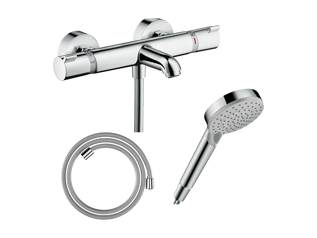 Pack mitigeur bain thermostatique HANSGROHE EcostatComfort + Flexible Designflex 1,6m + Pommeau Vernis Blend EcoSmart 2jets chromé
