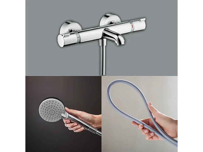 Pack mitigeur bain thermostatique HANSGROHE EcostatComfort + Flexible Designflex 1,6m + Pommeau Vernis Blend EcoSmart 2jets chromé