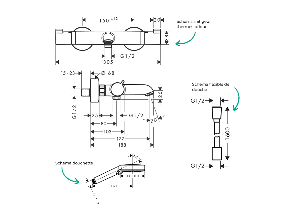 Pack mitigeur bain thermostatique HANSGROHE EcostatComfort + Flexible Designflex 1,6m + Pommeau Vernis Blend EcoSmart 2jets chromé