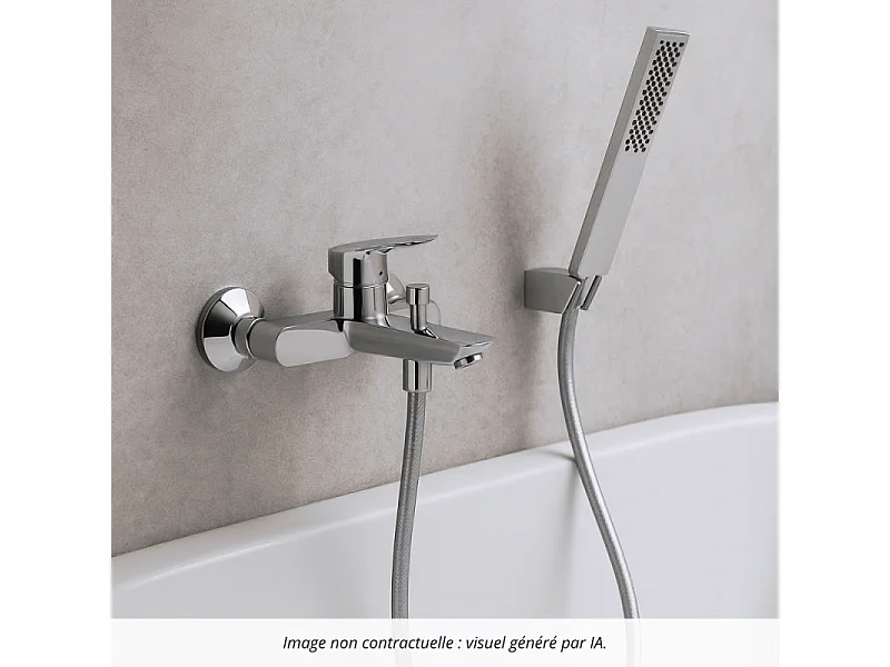 Pack mitigeur bain douche mécanique HANSGROHE Logis + Flexible Designflex + Pommeau HANSGROHE Pulsify E 100 EcoSmart chromé