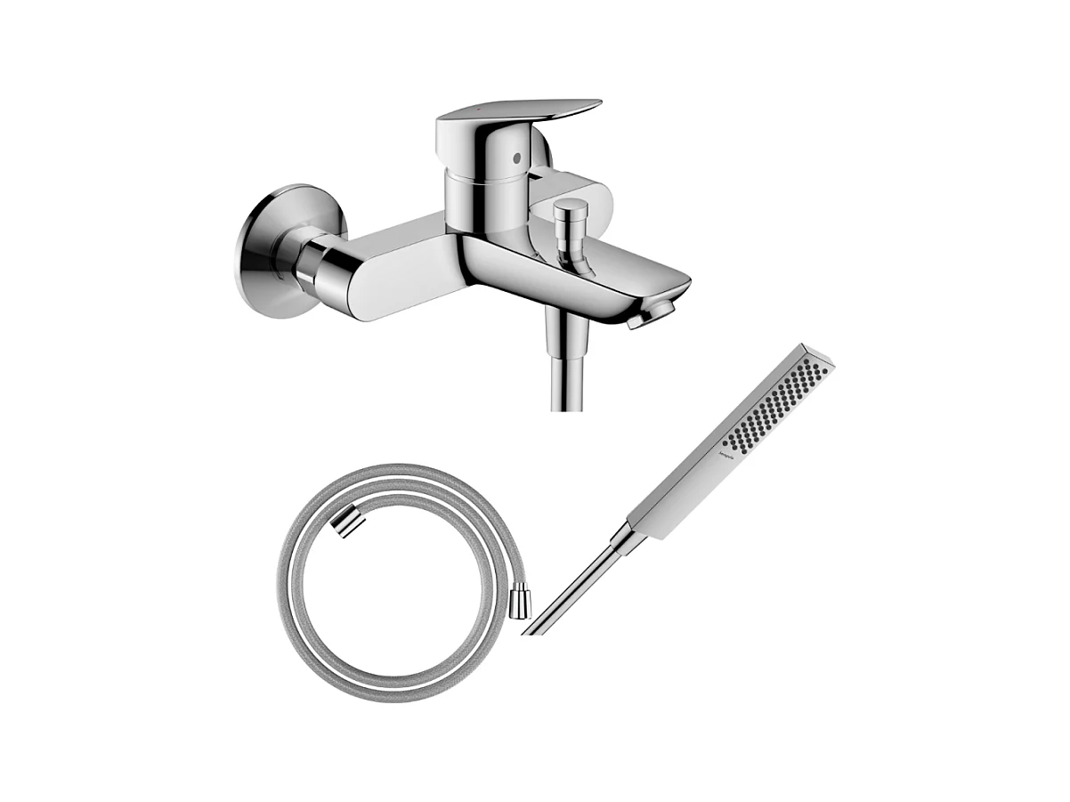 Pack mitigeur bain douche mécanique HANSGROHE Logis + Flexible Designflex + Pommeau HANSGROHE Pulsify E 100 EcoSmart chromé