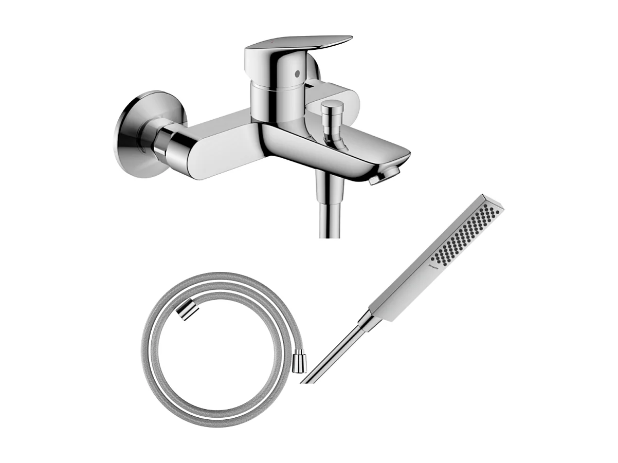 Pack mitigeur bain douche mécanique HANSGROHE Logis + Flexible Designflex + Pommeau HANSGROHE Pulsify E 100 EcoSmart chromé