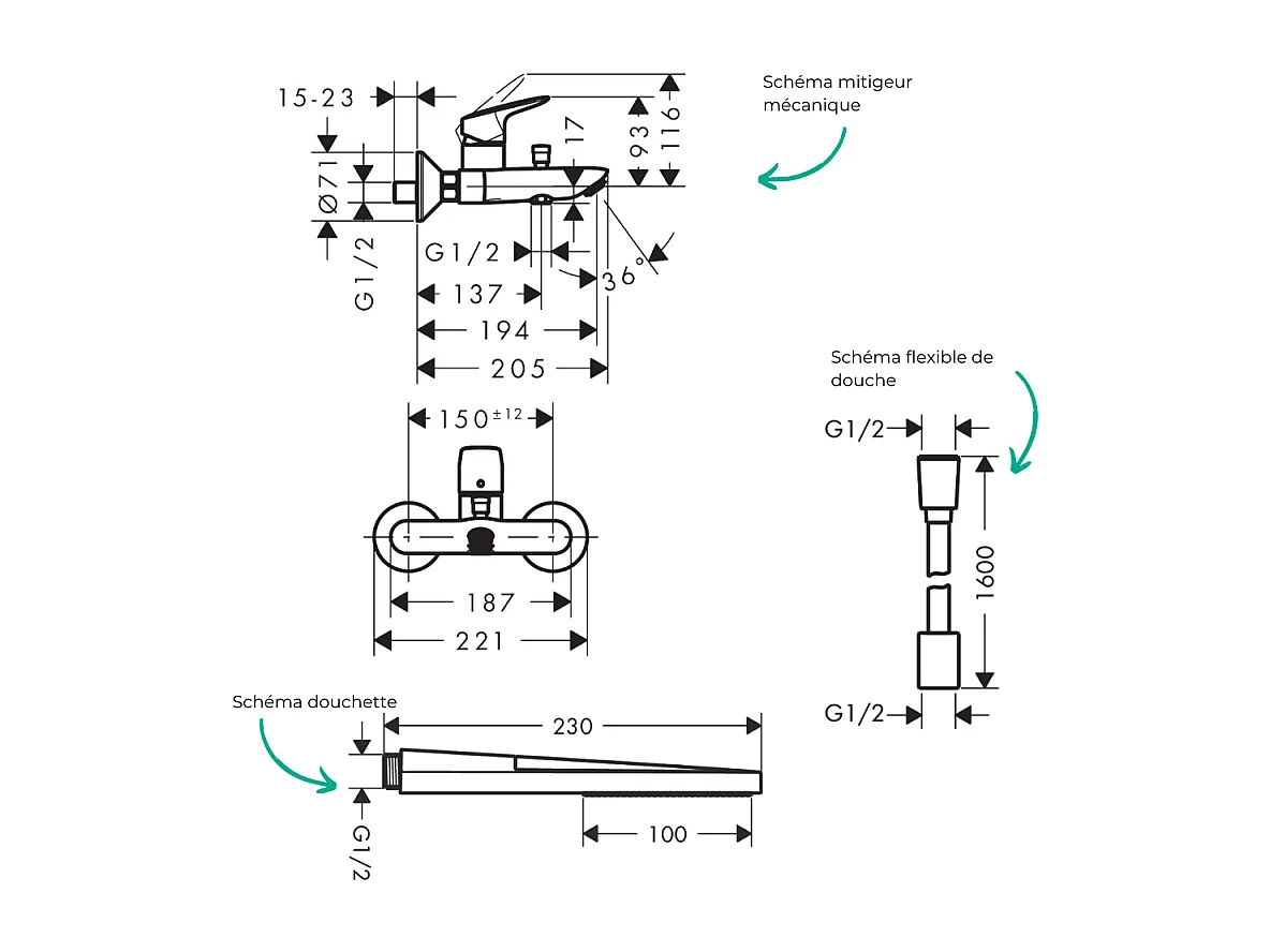 Pack mitigeur bain douche mécanique HANSGROHE Logis + Flexible Designflex + Pommeau HANSGROHE Pulsify E 100 EcoSmart chromé