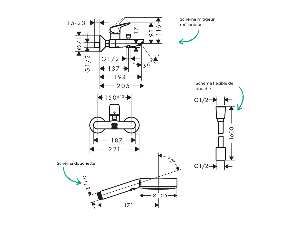 Pack mitigeur bain douche mécanique HANSGROHE Logis + Flexible Designflex+Pommeau Pulsify Select EcoSmart 105 3jets chromé