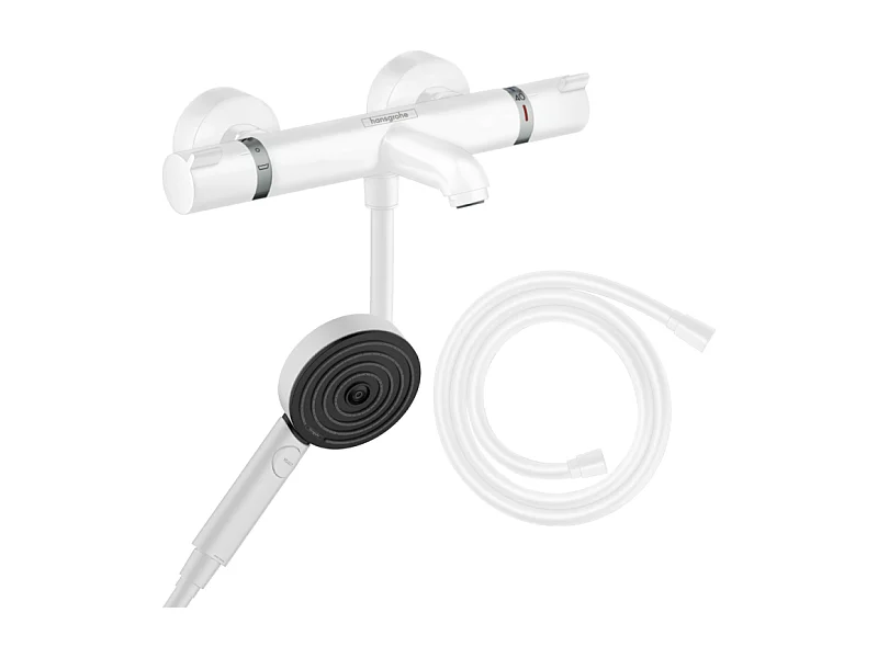 Pack mitigeur bain thermostatique HANSGROHE Ecostat Comfort + Flexible Isiflex + Pommeau Pulsify Select  3 jets blanc mat