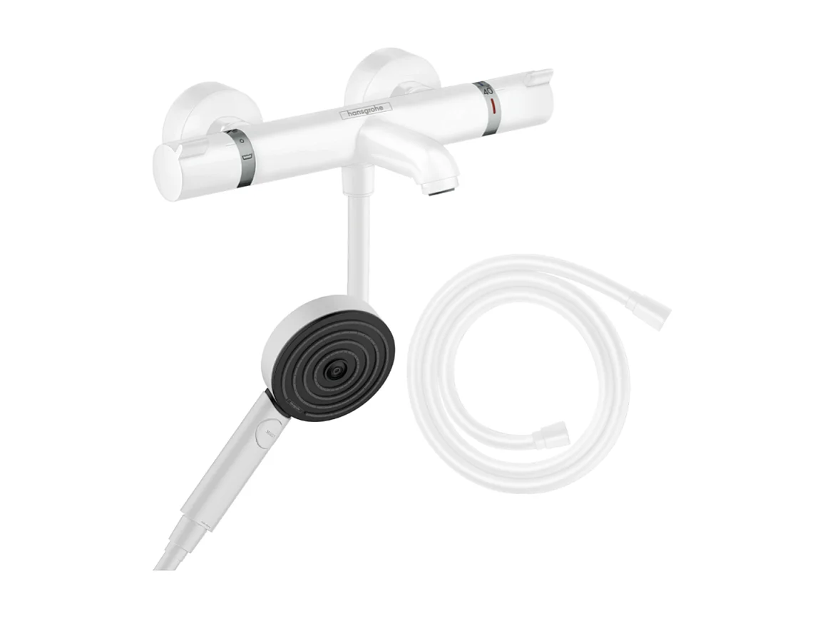 Pack mitigeur bain thermostatique HANSGROHE Ecostat Comfort + Flexible Isiflex + Pommeau Pulsify Select  3 jets blanc mat