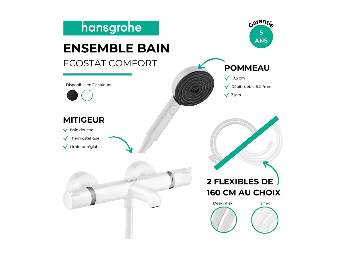 Pack mitigeur bain thermostatique HANSGROHE Ecostat Comfort + Flexible Isiflex + Pommeau Pulsify Select  3 jets blanc mat