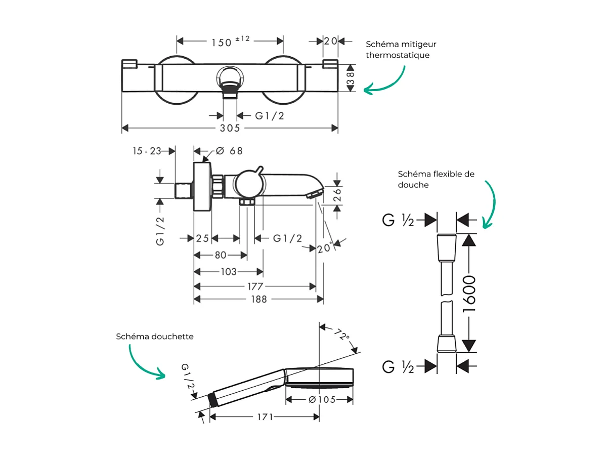 Pack mitigeur bain thermostatique HANSGROHE Ecostat Comfort + Flexible Isiflex + Pommeau Pulsify Select  3 jets blanc mat