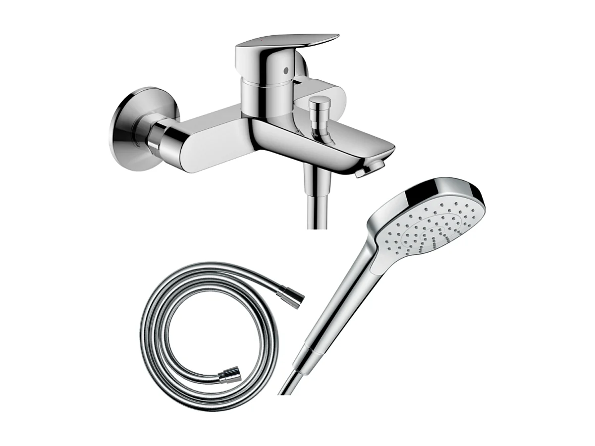 Pack mitigeur bain douche mécanique HANSGROHE Logis + Flexible Isiflex + Pommeau Croma Select E EcoSmart blanc/chromé
