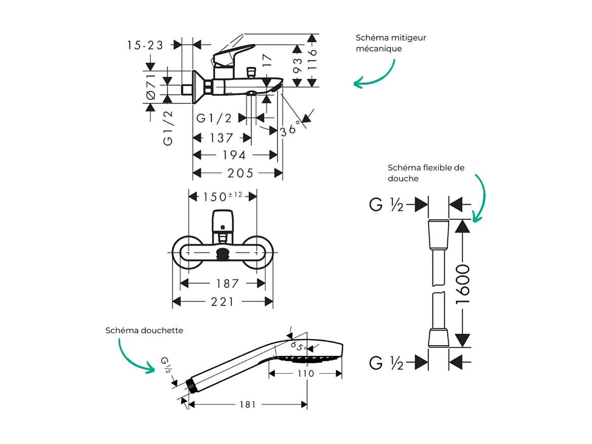 Pack mitigeur bain douche mécanique HANSGROHE Logis + Flexible Isiflex + Pommeau Croma Select E EcoSmart blanc/chromé